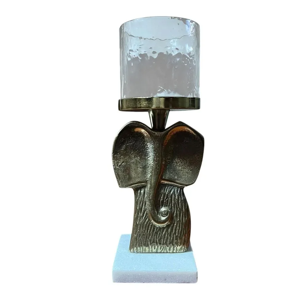 Elephant Hurricane Candle Holder Large Bronze Metal Glass Stone India Home Decor
